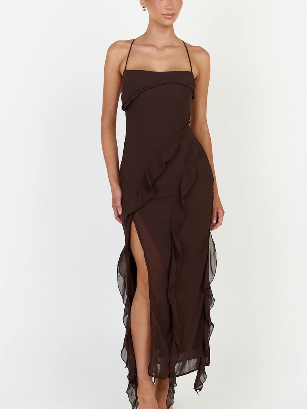 Showpo Brown One-Shoulder Ruffle Maxi Dress